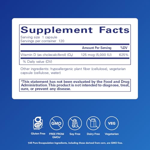 Pure Encapsulations Vitamin D3 125 mcg (5,000 IU) - Supplement to Support Bone, Joint, Breast, Heart, Colon, and Immune Health* - with Vitamin D - 120 Capsules - Image 3