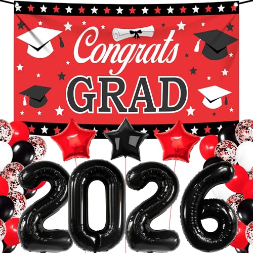 Image of KatchOn, Red and Black Graduation Decorations 2026 Set - Pack of 40 | Black 2026 Balloons, Congrats Grad Banner | Graduation Decorations Class of 2026 Red and Black | 2026 Graduation Party Decorations