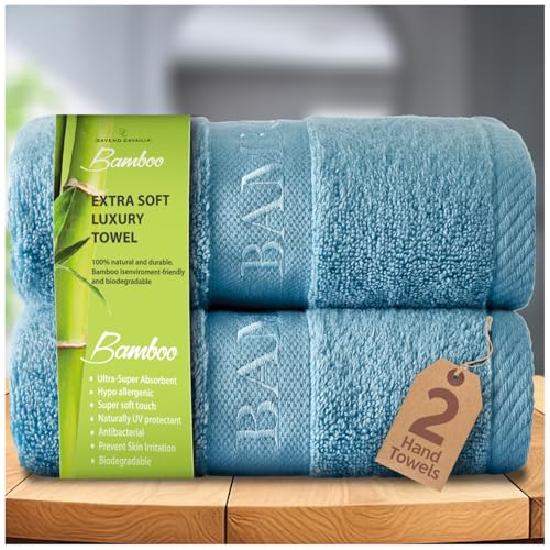 GC GAVENO CAVAILIA Lot de 2 Serviettes de Toilette en Bambou très absorbantes pour Salle de Bain (50 x 80 cm) - 60% Bambou et 40% Coton - Bleu