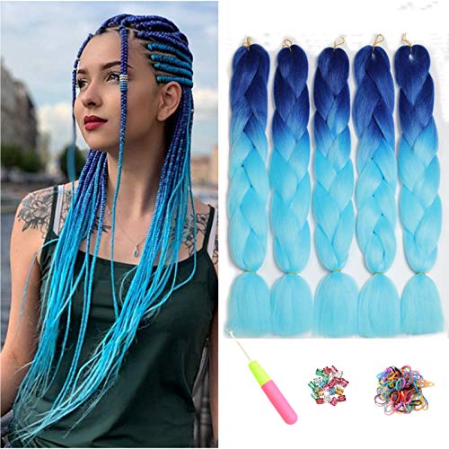 ShowJarlly 5 Piezas Kanekalon Extensiones Pelo Africanas Trenzas, 24' Sintetico Pelo Trenzas Africanas Extensiones de Trenzado de Cabello Para Ganchillo Trenzado de Extensiones Azul real / azul cielo