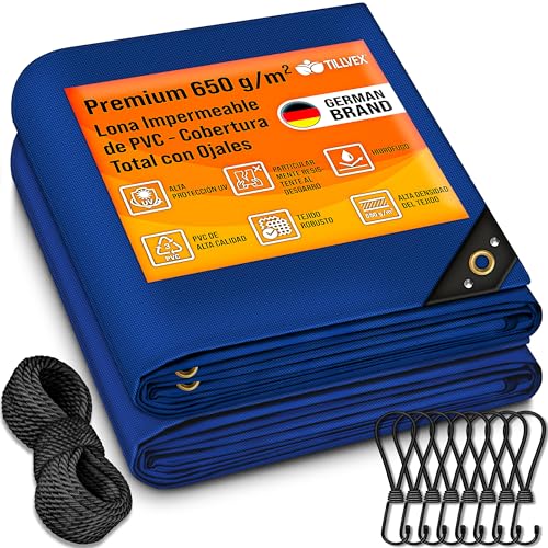 tillvex® Lona con Ojales + 10 Ganchos y Cuerda de 15 m, Lona de 650 g/m² Exterior, Impermeable y al desgarro, Lona de PVC Universal para Camiones, Piscinas, Muebles de jardín, Cubierta