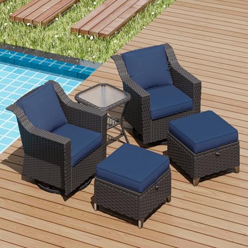 Image of 5 Pieces Patio Conversation Furniture Set - Swivel Chairs with Ottomans Set of 2, 1 Side Table, Outdoor Wicker Furniture Set with Washable Cushions for Porch, Balcony, Sunroom (Navy Blue) | Patio Chair Set with Olefin Removable Cushion, All-Weather Glider Swivel Chair Set with Deep Seat for Porch, Deck, Blue