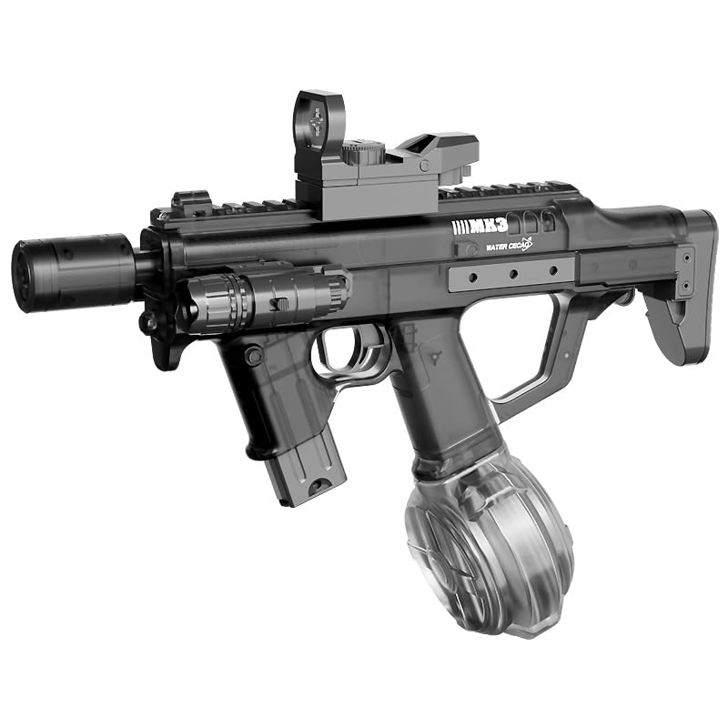 Bazil Bazos MK3 Electric Water Blaster Automatic Rechargeable Water Pistol Plastic Long-Range for Outdoor Team Play (Transparent Black)