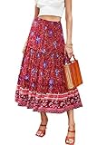 Hibluco Women's Floral Midi Skirts Elastic High Waist A-Line Swing Skirts Wine Red