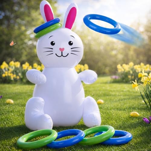 ArtCreativity 30 Easter Bunny Inflatable Ring Toss Game for Kids and Adults 6 Rings Weighted Bottom Family Outdoor Party White