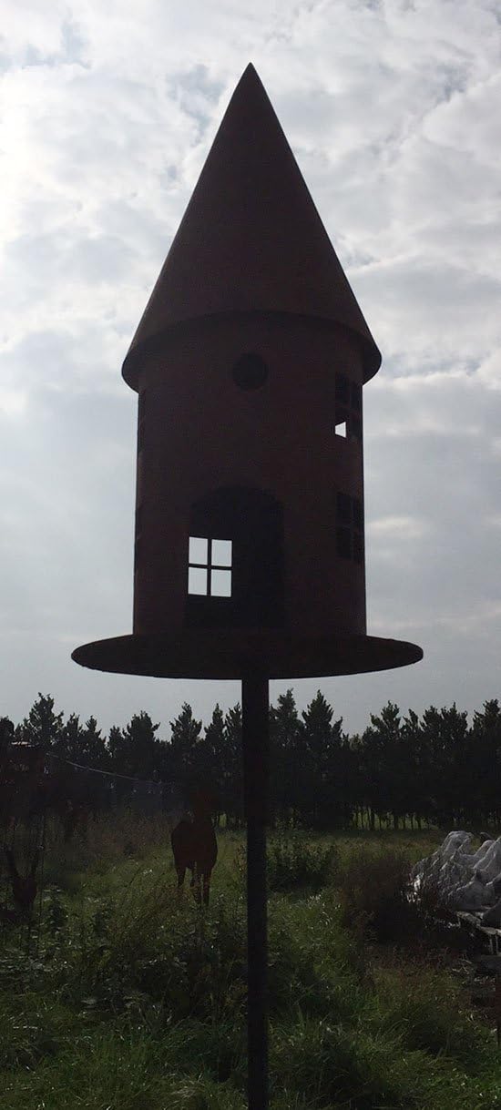 Vogelhaus H45cm + Stab Gartenstecker Futterhaus zum Beleuchten Windlicht Teelicht Futterhaus Edelrost Gartendeko Metall Rost