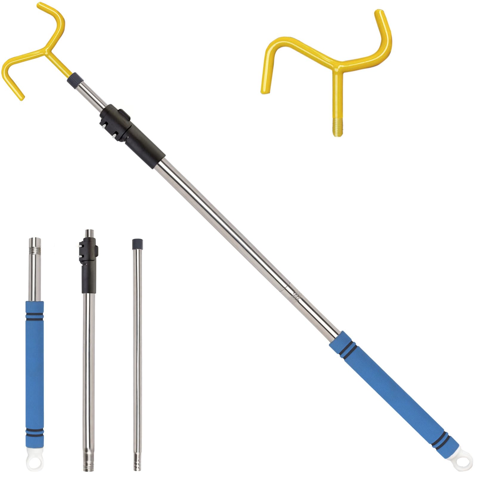 Frebuta Drapery Pull Rod,36“ to 63” Curtain Pull Telescoping Pole Heavy Duty For Curtains Wand Stainless Steel Tubes Soft Sponge Handle Rod for Curtains Extension Pole Lightweight(Blue Handle )