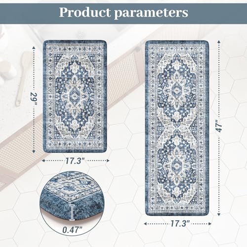 Image of LEEVAN Blue Anti Fatigue Mats for Kitchen Floor Sets of 2,Memory Foam Cushioned Kitchen Mats for Floor,Non Slip Waterproof Ergonomic Boho Kitchen Mat for Sink,Laundry,Home,Office(17''x29''+17''x47'')