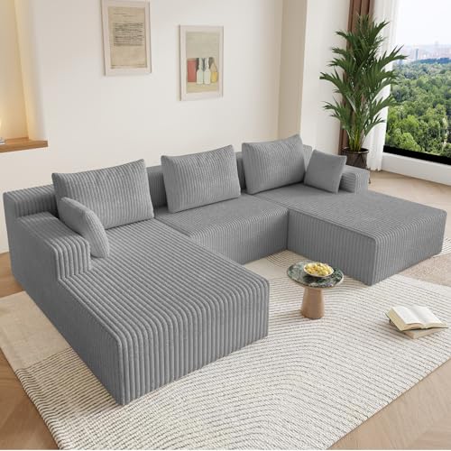 Image of 107 inch Boneless Cloud Couch Sectional Couches Sofa for Living Room | Modular U-Shaped Couch, Comfy Modern Corduroy Memory Foam Sofas with Deep Seat, Ottoman, Oversized Chaise (Light Grey)
