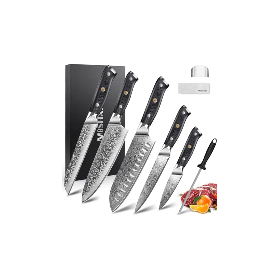 MOSFiATA-Damascus-Chef-Knife-Set-5PCS-Professional-Sharp-High-Carbon-VG10-Stainless-Steel-Chefs-Knives-Santoku-Knife-Bread-Knife-Utility-Knife-Fruit-Knife-with-Finger-Guard-Knife-Sharpener-Rod-Gift MOSFiATA Damascus Chef Knife Set 5PCS-Professional Sharp High Carbon VG10 Stainless Steel Chef's Knives Santoku Knife Bread Knife Utility Knife Fruit Knife with Finger Guard, Knife Sharpener Rod Gift