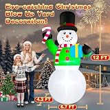 Danxilu 12ft Tall Christmas Inflatables Snowman Decorations Outdoor, Giant Blow Up Candy Cane Snow Man Yard Decor with Led Lighted for Front Outside Lawn Holiday Vacation Party