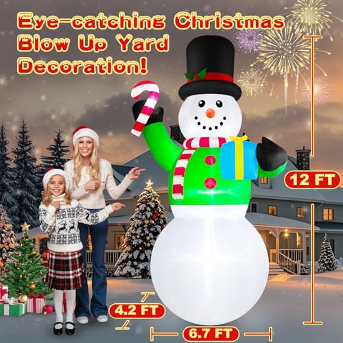 Danxilu 12ft Tall Christmas Inflatables Snowman Decorations Outdoor, Giant Blow Up Candy Cane Snow Man Yard Decor with Led Lighted for Front Outside Lawn Holiday Vacation Party