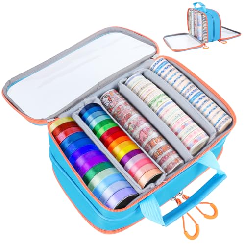 Image of Washi Tape Box Organizer Bag,Transparent Divider Closet Container Storage Bags,Desktop Tape DIY Sticker Roll Tape Holder Wrapping Ribbon Carry Case with Compartments,for Art Supplies