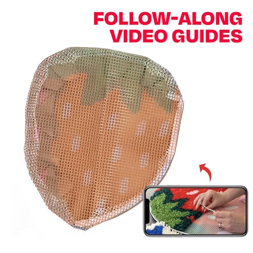 Image of CRAFT CLUB Strawberry Cushion DIY Kit | Sewing Kit with Suede-Style Backing & Zipper | Latch Hook Kits with Pre-Cut Yarn & Wooden Tools | Cushion Covers for Bedroom Decor | 17in x 15in