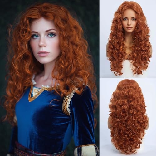 SIMKAYLEE - Perruque longue ondulée rouge orange pour femmes, cheveux roux bouclés, perruque pour femme avec cheveux bouclés Merida pour carnaval,...