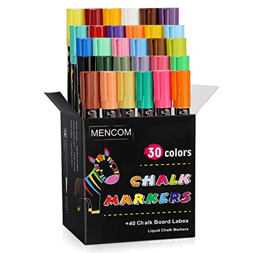 Mencom Liquid Chalk Markers, Set of 30 Colored Chalk Pens, For Whiteboard, Mirrors,Glass, Art, Erasable Chalk Markers for Kids and Adults