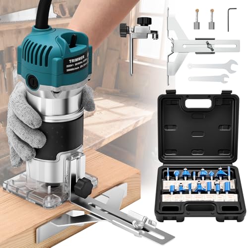 Yofuly Fresadora de Madera Rebajadora Eléctrica 220V 800W Profesional Fresadora de Mano Eléctrica con 15 Piezas de 1/4' Router Bits para la Decoración de Bricolaje Talla de Recorte