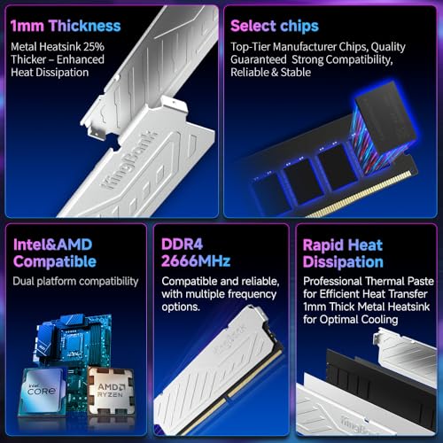 Image of KingBank Computer Desktop Memory Ram DDR4 16GB(2x8GB) 2666MHZ CL19 1.2V with Heatsink for PC Gaming /Office /PS,Silver