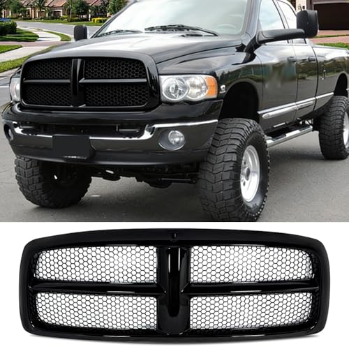 MIC Front Grille Grill Assembly Compatible with 2002-2005 Dodge Ram 1500 & 2003-2005 Ram 2500 3500 (Gloss Black)