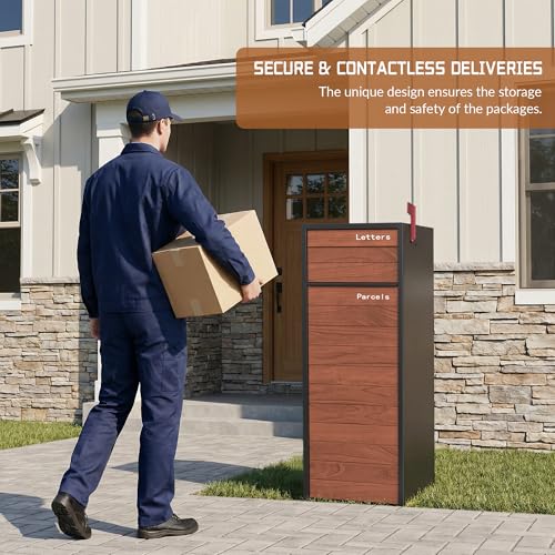 Image of Merapi Large Parcel Drop Box for Outside - Fully Assembled Package Delivery Box with Rear Access - Weather-Resistant Galvanized Steel Locking Mailbox for Porch & Curbside (Oak-Grain Steel)