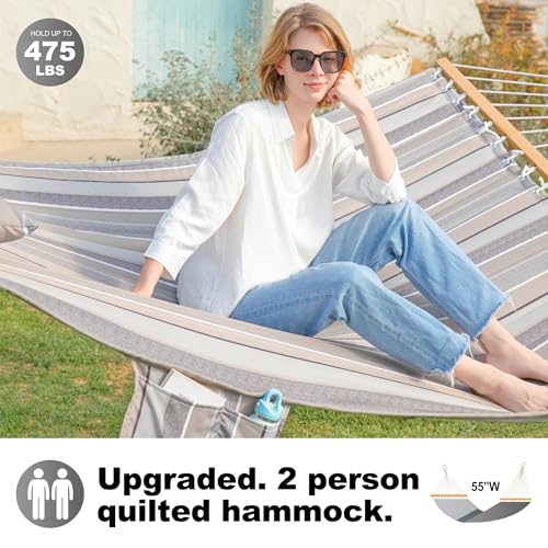 Image of GAFETE Hammock 2 Person Quilted Fabric Hammocks for Outside, Double 12ft Hammocks with Spreader Bar, Large Removable Pillow, Storage Bag, Carabiners, Max 475 lbs Capacity (Peace Dove Grey)