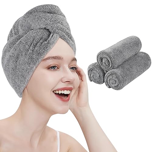 KinHwa Turban ręcznik z guzikiem, bambusowy, turban do włosów, z włókna węglowego, szybkoschnący, super chłonny i miękki, do długich włosów i wszystkich rodzajów włosów, 25 x 65 cm, 3 sztuki, szary