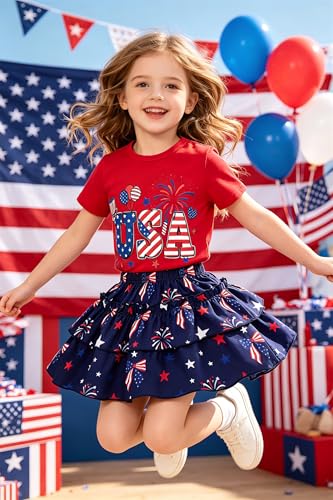 Image of Little Girls Skirt Set - 2 Piece Short Sleeve Top Shirred Tiered Skirt Outfit Girls Spring Summer Clothes 3-8 Years