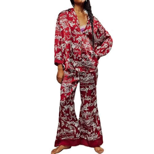 Image of Women Satin Pajama Set Floral Silk Pajamas 2 Piece Lounge Sets Button Down Shirts Wide Leg Pants Pjs Sleepwear