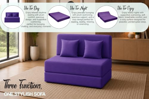 Image of Sofa Cum Bed with Jute Fabric, Convertible Two Seater Sofa Bed 4x6 Ft, Comfortable Cushioned Seating, Space Saving Design for Living Room, Bedroom & Guest Room - Purple Color