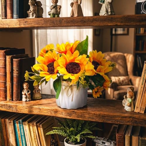 Image of Dekorly Artificial Lavender Plant in White Pot, 18cm - Realistic Faux Flower Arrangement for Home & Office Decor (Set of 1) (1, Sunflower)