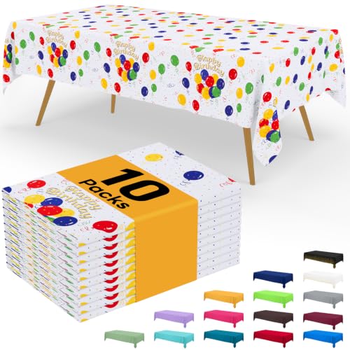 Image of Smiry Disposable Table Cloth - 10 Pack, 54 x 108 Inch Waterproof Rectangle Tablecloths for Parties, Decorative Plastic Table Cover, Leakproof & Sturdy, Colorful Balloons