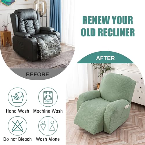 Image of Genina Recliner Chair Cover, Stretch Reclining Chair Covers, Recliner Sofa Slipcovers Stripe Jacquard Lazy Couch Covers Furniture Protector Covers for Pet Kid (Matcha Green, 1 Seat)