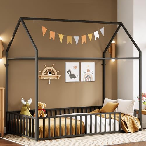 LIKIMIO Twin Metal House Bed with Roof & Guardrails, Black