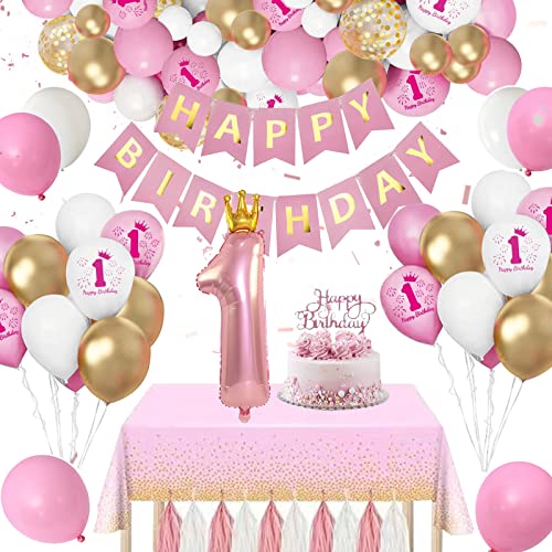 Decoration Anniversaire 1 An Fille, Ballon Anniversaire 1 An Rose, Happy Birthday Bannière Confettis Latex Nappe pour Anniversaire Fille Décoration Baby Shower