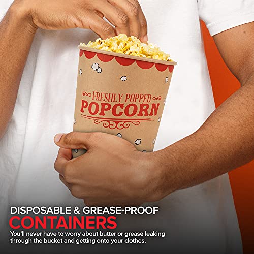 Image of Stock Your Home 64 Oz Kraft Popcorn Buckets (25 Pack) - Grease Resistant Retro Style Popcorn Container- Vintage Kraft & Red Popcorn Buckets for Take Out, Movie Night, Theaters, Fair, Concessions