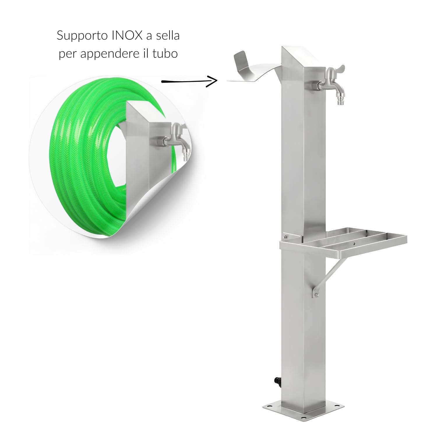 Fontana da Giardino a Colonna Esterno MAGNOLIA Acciaio Inox Spazzolato H 95 cm a Pavimento con Mensola