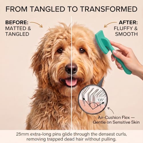 Image of Wooden Long Pin Slicker Brush for Dogs, Doodles, Poodles, Long Hair | Grooming, Detangling, and Fluffing for Wavy and Curly Hair-Designed for Heavy, Thick Coats to Prevent Matting at Home