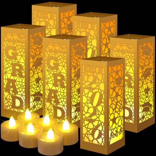 Image of Rossesay 6 Pcs Graduation Table Centerpieces Boxes Class of 2026 Graduation Lanterns for Centerpieces with LED Candles Congrats Grad School College Photo Props for Party Table Decoration (Gold)