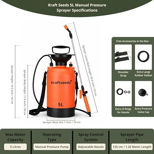 Image of Kraft Seeds 5L Pressure Sprayer for Plants - Heavy Duty Agriculture Spray Pump for Home Garden & Car Washing, Garden Sprayer with Shoulder Strap, Adjustable Nozzle, 1.25m Hose, Spray Bottle for Plants
