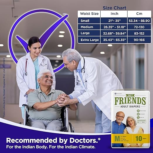 Image of Friends Easy Adult Diapers - 10 Count /Pack with odour lock and Anti-Bacterial Absorbent Core- Waist Size 30-56 Inch ; 76-142cm (PACK-6, MEDIUM 60 Count)