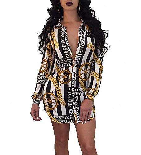 Remelon Womens Chain Anchor Print Button Down Collar Long Shirt Dress Blouse Mini Dress Black M