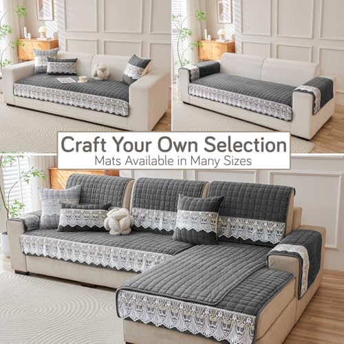 Image of HOKIPO 'BelleLace Series' Imperial Milk Velvet Sofa Cover Mat with Lace Design| Make Your Own Sofa Cover Set, Mat Length 90(D) x 60(L) cm, Porpoise Grey (AR-5962-DGRY)