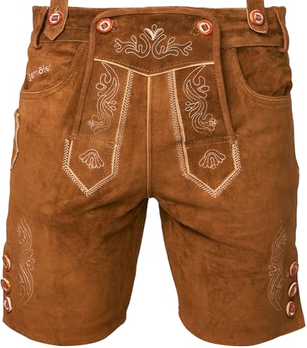 STEIGENHÖFER Lederhose Herren Tracht kurz - Anton - Trachtenhose mit Trägern - 100% Rindsleder - Traditionelle Echtlederhose - Ideal für Dein Oktoberfest Herren Outfit - Mittelbraun - 62