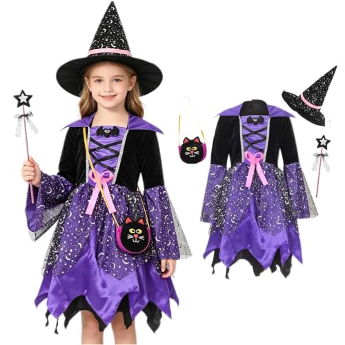 Generisch Hexenkostüm Kinder - Halloween Kostüm Kinder Mädchen Hexe Set Hexenkleid Und Accessoires Halloweenkostüm Kleinkind Halloween-Kostüm Mädchen Halloween Good Witch Costume Kids