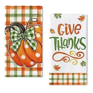 Seliem thanksgiving give thanks pumpkin kitchen dish towels set of 2 fall buffalo plaid check bow hand towels drying baking cooking cloth autumn maple leaves farmhouse home kitchen decor 18×26 inch  urban country home decor