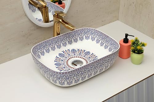 Image of Archstone Wash Basin for Bathroom-1 Year Warranty- Tabletop Washbasin - Ceramic Glossy Rectangle Designer Moroccan Countertop Vessel Sink, Dining Hall & Vanity 33x45x14.5 cm (Blue Moroccan)