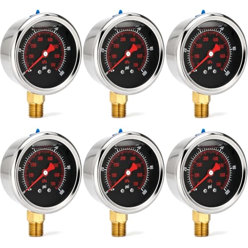 0-100 Psi 6 Pcs Glycerin Liquid Filled Oil Pressure Gauge, Black