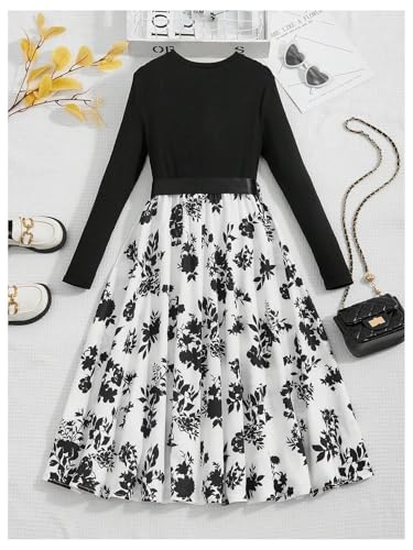 Verdusa Girl's Elegant Floral Print Long Sleeve Dress High Waisted A Line Ruffle Belted Dresses2