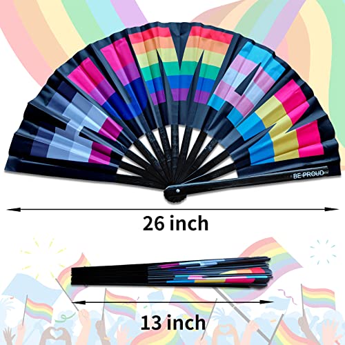 Image of bmuvghi Rainbow Folding Fan Pride Hand Held Fan Gay Pride Stuff Large Clack Hand Fan Foldable Rave Fan for LGBTQIA+ Pride Parade Pride Accessories Stuff