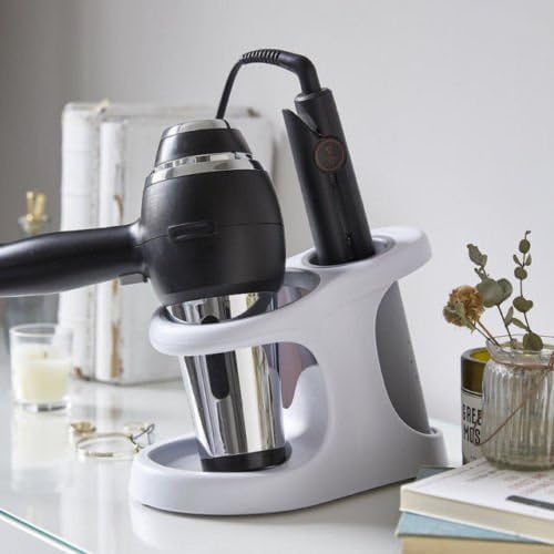 White 2 Compartment Style & Store Unit Hairdryer Hot Straightener Dual Storage Holder